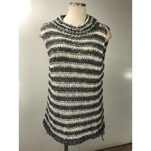 Mystree Stripe Tank Mock Neck Fringed Back Sweater
